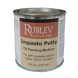 Rublev Impasto Putty 8 fl oz jar of stiff oil painting medium made with calcite, barite, bentonite, and linseed oil