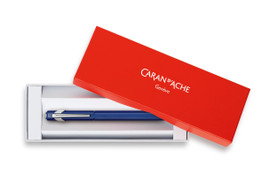 Caran d’Ache 849 Fountain Pen Metal Blue (840.159) displayed with branded case—Swiss-made, cartridge/converter compatible.