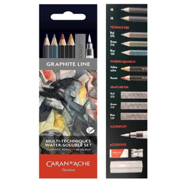 Caran d’Ache Multi-Tech Set with Technalo graphite, Technalo RGB coloured pencils, Grafcubes, Museum Aquarelle, waterbrush and TECHNIK eraser.