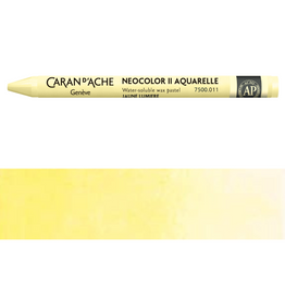 A sleek, pale yellow Caran d'Ache Neocolor II Aquarelle wax pastel, labeled with the product name and key details. 