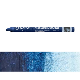 A combined product shot of the Caran d'Ache Neocolor II Aquarelle wax pastel in Prussian Blue, placed above a matching gradient color swatch. 