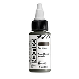 Golden High Flow Acrylics 30ml Raw Umber S1 bottle with ultra-fluid acrylic paint, PBr7 pigment and front label visible
