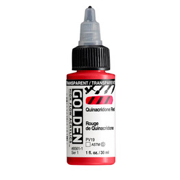 Golden High Flow Acrylics 30ml Transparent Quinacridone Red S1 bottle with ultra-fluid acrylic paint and front label visible