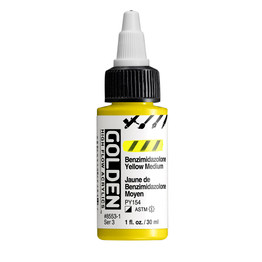 Golden High Flow Acrylics 30ml Hansa Yellow Medium S3 bottle with ultra-fluid acrylic paint and front label visible