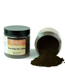 Rublev Colours Blue Ridge Raw Umber pigment jar tipped with powder spilling out PBr7 natural earth pigment 100g
