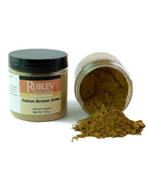 Rublev Colours Italian Brown Ochre pigment jar tipped with powder spilling out 100g natural brown ochre earth pigment
