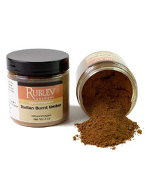 Rublev Colours Italian Burnt Umber pigment jar tipped with powder spilling out 100g PBr7 burnt umber earth pigment
