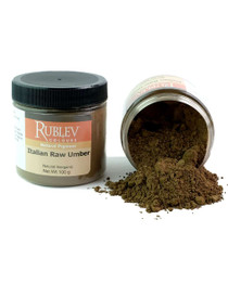 Rublev Colours Italian Raw Umber pigment jar tipped with powder spilling out 100g PBr7 umber dry pigment