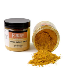 Rublev Colours Italian Yellow Earth pigment jar tipped with powder spilling out 100g PY43 natural iron oxide hydroxide pigment