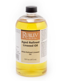 Rublev Aged Refined Linseed Oil 16 fl oz bottle, low acid value refined linseed oil medium for grinding pigments and making oil paint and varnishes