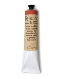 Rublev Artists Oil Paint 150ml S1 Sartorius Red tube on white background, natural PR 102 Italian red earth hematite in linseed oil with no additives