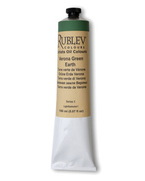 Rublev Artists Oil Paint 150ml S1 Verona Green Earth tube on white background, natural PG 23 Italian green earth in linseed oil with no additives