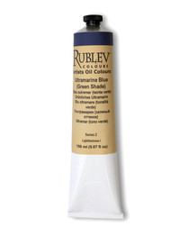 Rublev Artists Oil Paint 150ml S2 Ultramarine Blue Green Shade tube on white background, PB 29 additive free oil paint in linseed oil