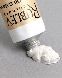 Venetian White oil paint tube 150ml on white background, Rublev Artists Oil Colours Series 3 label visible