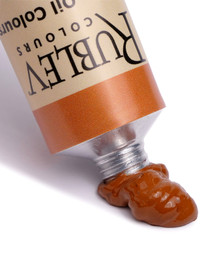 Orange Ochre oil paint squeezed from Rublev 50ml tube showing warm earthy orange ochre colour and smooth long paint texture