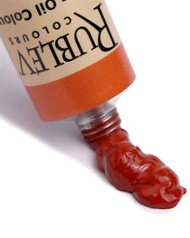 Pozzuoli Red oil paint squeezed from Rublev 50ml tube showing deep orange-red earth colour and long, elastic paint texture