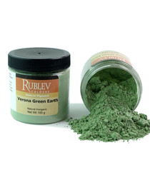 Rublev Colours Verona Green Earth pigment jar tipped with powder spilling out 100g PG23 natural green earth pigment