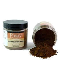 Rublev Colours Cyprus Raw Umber Medium pigment jar tipped with powder spilling out 100g PBr7 raw umber dry pigment