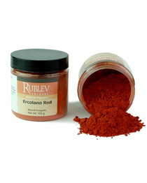 Rublev Colours Ercolano Red pigment jar tipped with powder spilling out 100g PR102 Italian red earth pigment