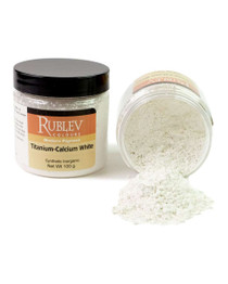 Rublev Colours Titanium Calcium White pigment jar tipped with powder spilling out 100g titanium calcium white pigment