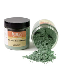 Rublev Colours Nicosia Green Earth pigment jar tipped with powder spilling out 100g PG23 natural green earth pigment