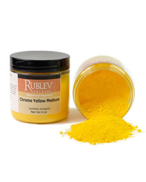 Rublev Colours Chrome Yellow Medium pigment jar tipped with powder spilling out 100g PY34 lead chromate pigment