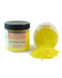 Rublev Colours Chrome Yellow Primrose pigment jar tipped with powder spilling out 100g PY34 lead chromate pigment