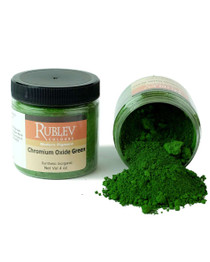 Rublev Colours Chromium Oxide Green pigment jar tipped with powder spilling out 100g PG17 chromium oxide green pigment