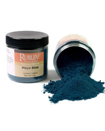 Rublev Colours Maya Blue pigment jar tipped with powder spilling out 100g PB82 Maya blue pigment