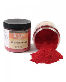 Rublev Colours Alizarin Crimson pigment jar tipped with powder spilling out 100g PR83 alizarin crimson pigment