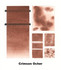 Multiple Crimson Ochre watercolour swatches showing water ratios, granulation and layered wash effects