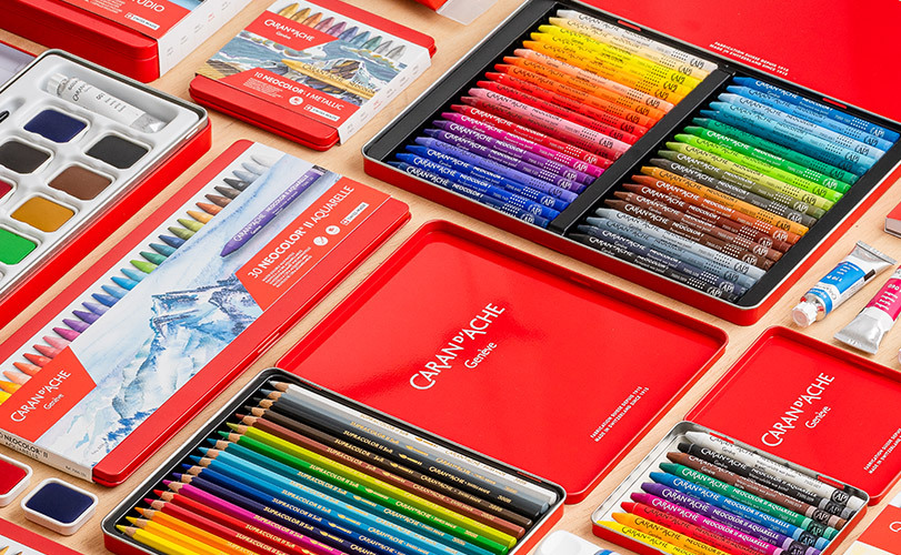 Caran d'ache watersoluble supracolour pencils, gouache cakes and neocolor 2 range of sets