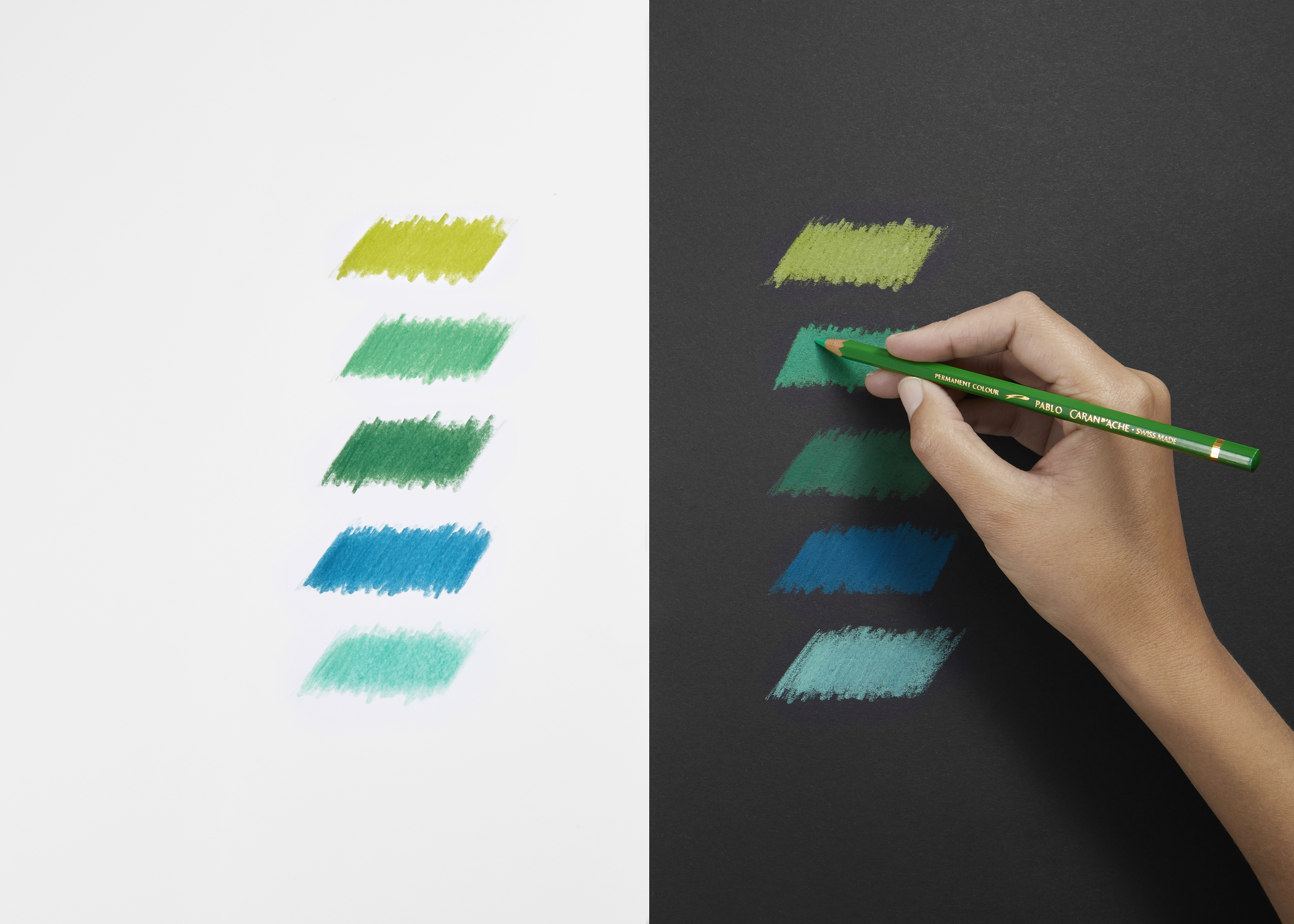Hand using a green Caran d’Ache Pablo coloured pencil to create opaque colour swatches on white and black paper