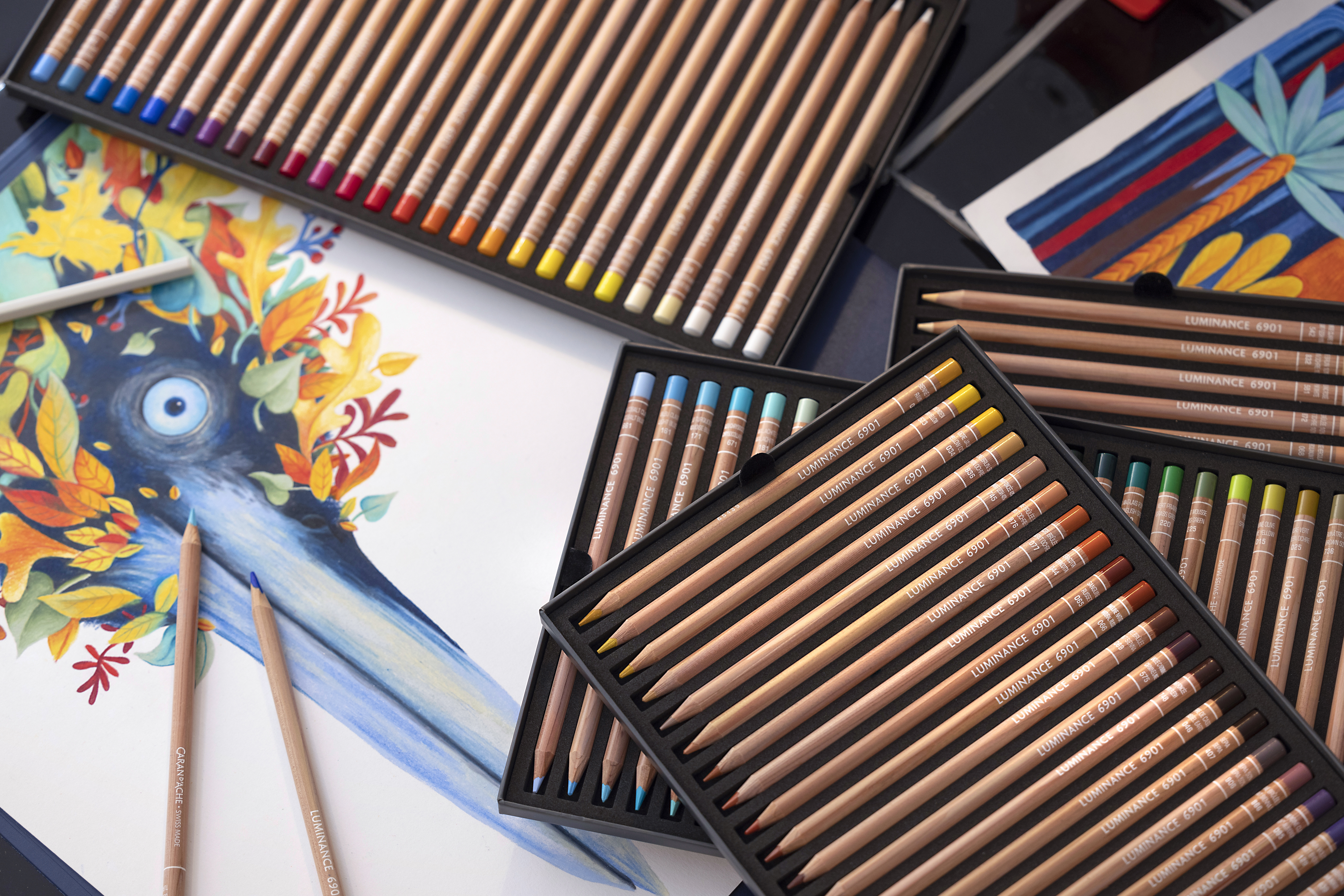 Caran d’Ache Luminance 6901 set of 100 coloured pencils in open metal tray with vibrant bird drawing showcasing lightfast colour