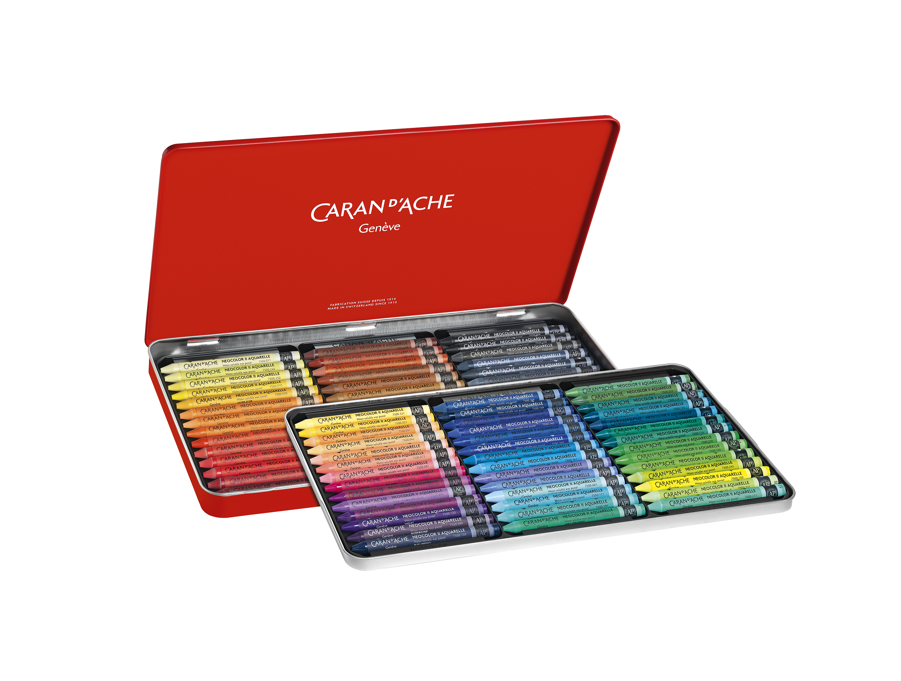 Open tin box with two trays of 84 Neocolor 2 watersoluble pastel set by caran d'ache