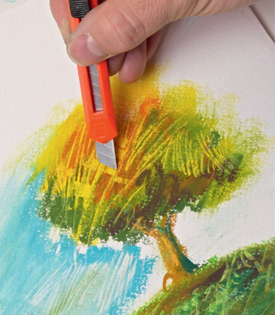 Sgraffito technique scratching through layered Caran d’Ache Neopastel oil pastels to create tree texture