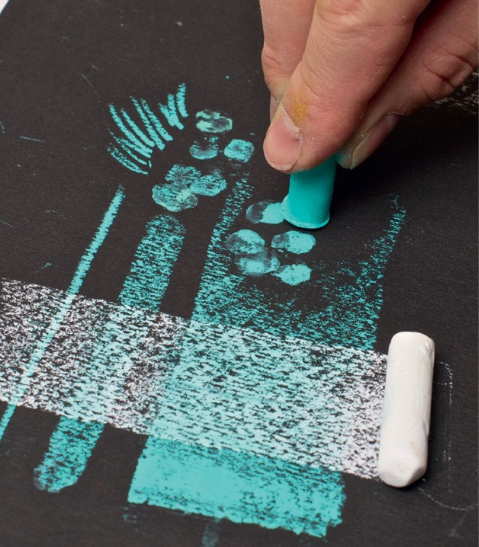 Turquoise and white Caran d’Ache Neopastel oil pastel marks and textures on black drawing paper