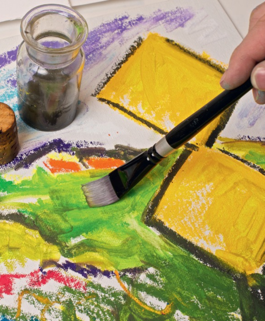 Caran d’Ache Neopastel oil pastels blended with a brush and solvent on colourful abstract canvas