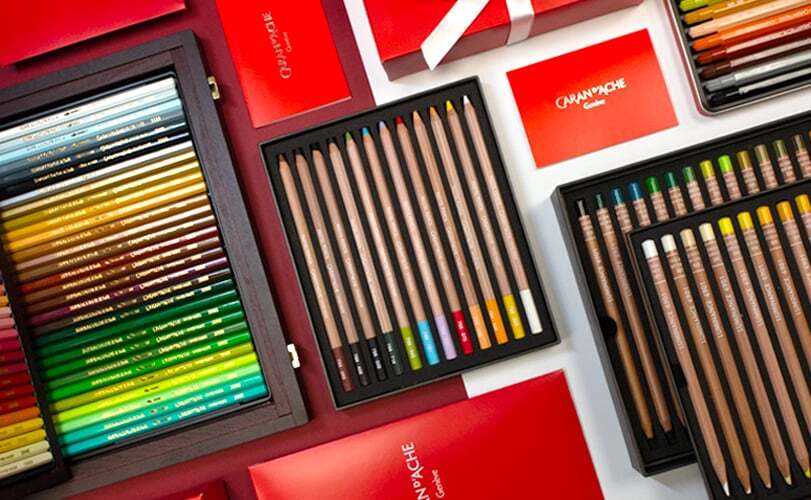 Caran d'ache sets and wooden box gift sets of luminance colour pencils, pastel pencils and supracolor pencils in caran d'ache branded boxes