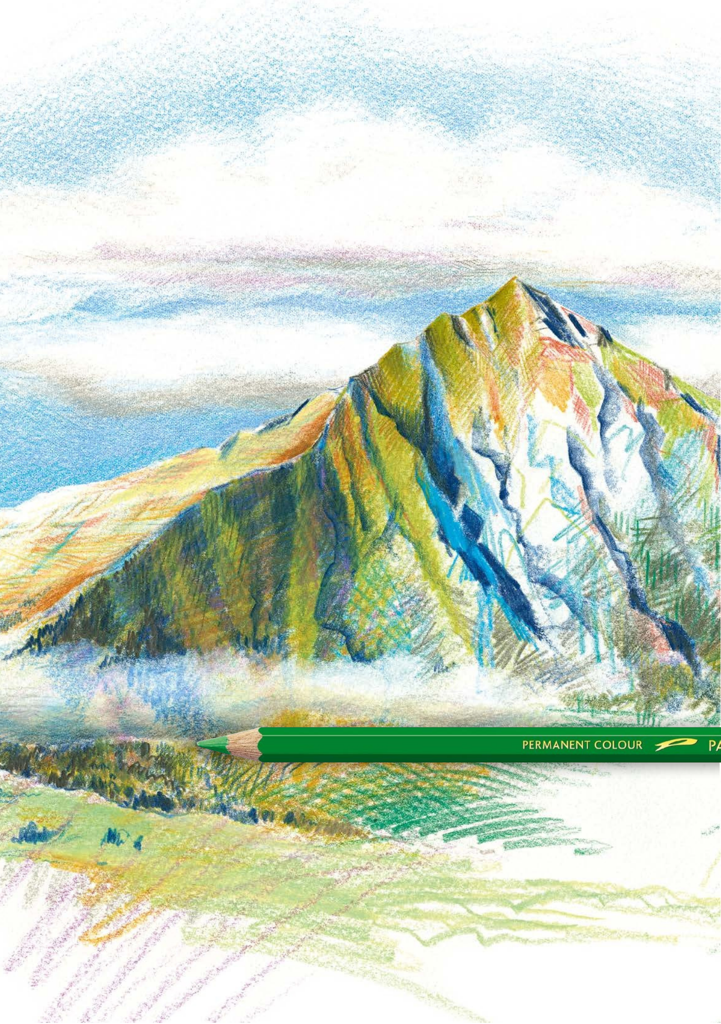 Mountain landscape drawing created with Caran d’Ache Pablo coloured pencils showing layered, lightfast colour and fine detail