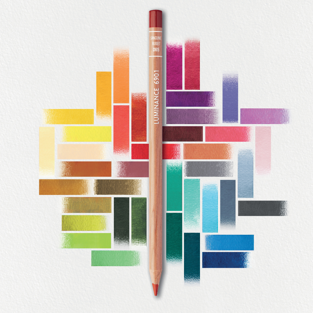 Caran d’Ache Luminance 6901 coloured pencil with surrounding colour swatches—archival, lightfast artist pencils made in Switzerland