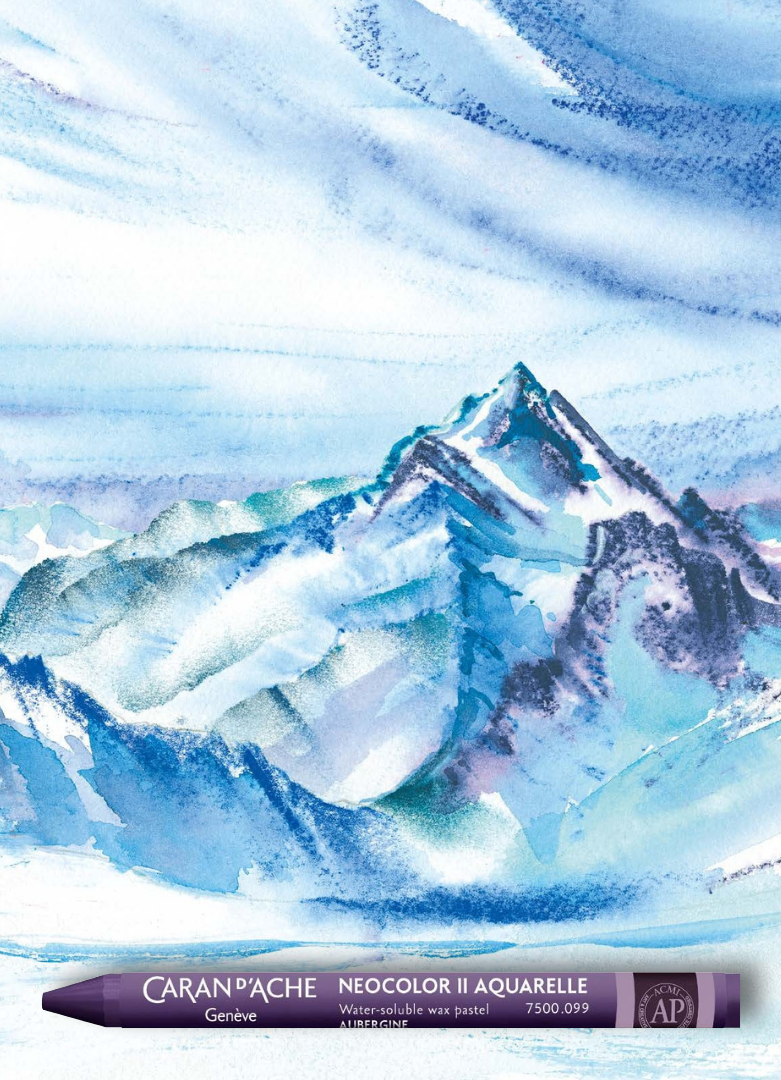 Caran d’Ache Neocolor II water-soluble wax pastel creating a blue mountain landscape wash.