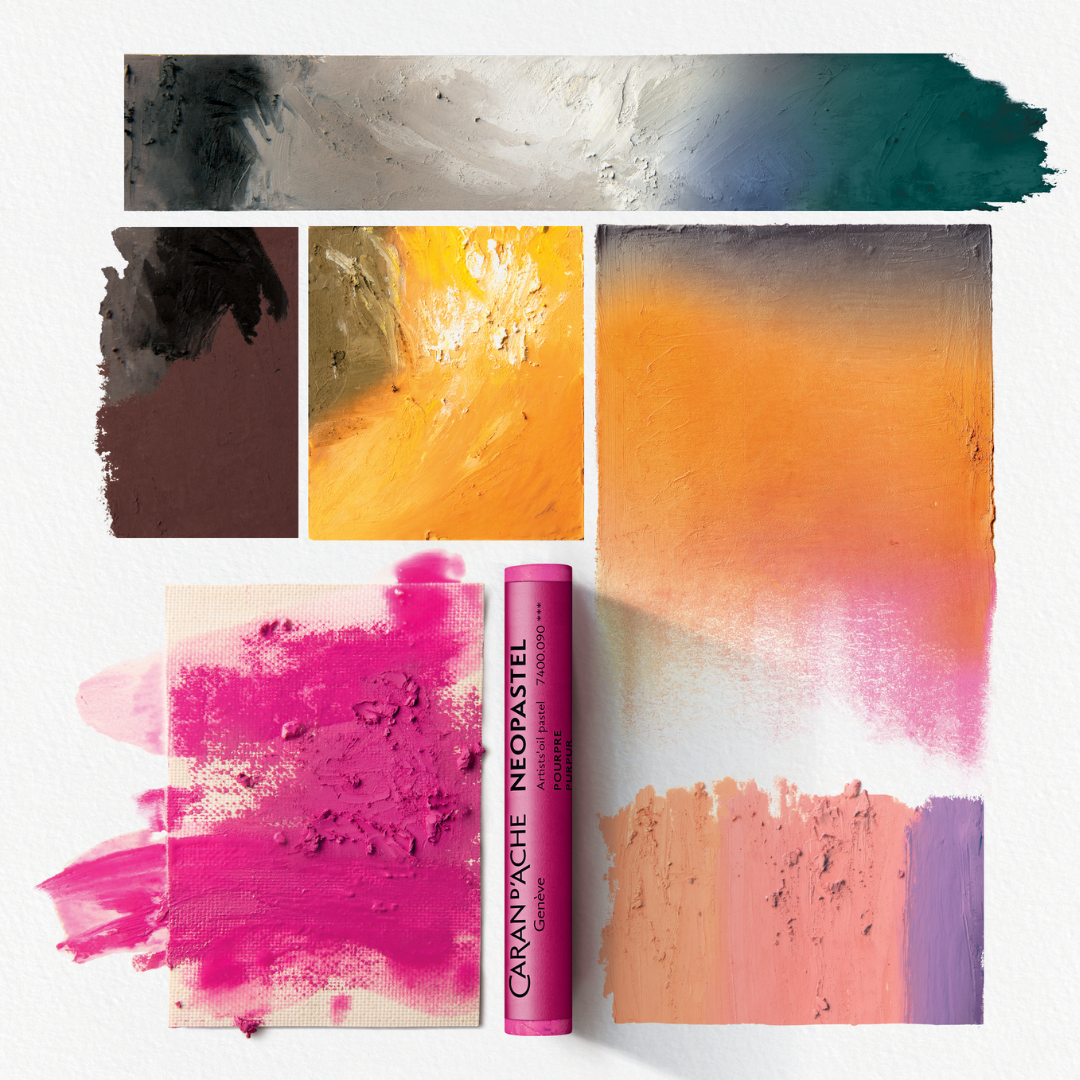 Caran d’Ache Neopastel pink oil pastel stick with blended swatches and texture samples demonstrating layering and impasto effects
