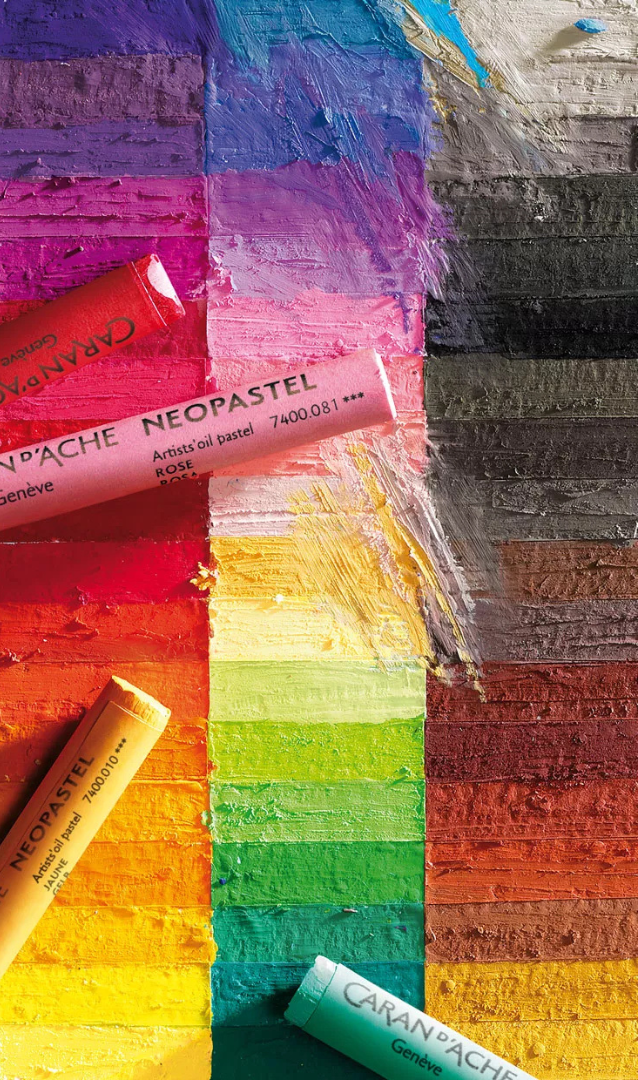 Vibrant colour chart created with Caran d’Ache Neopastel extra-fine oil pastels showing the full range of opaque artist colours