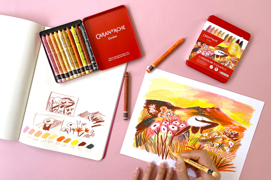Caran d’Ache Neocolor II water-soluble wax pastels creating a bright Australian landscape at Kadmium Art & Design Supplies, Ultimo Sydney Art Store