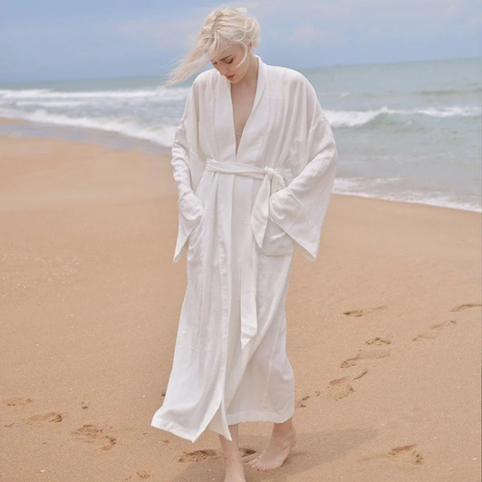 Women's Softened Linen Robe, Long Kimono Bathrobe with Belt