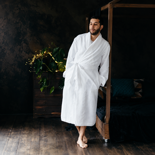 Men's Linen Robe White Long Sleeve Bathrobe Soft Lightweight