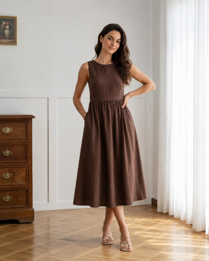 Linen Midi Dress, Sleeveless Fit and Flare Dress with Pockets, Elegant Casual Dress for Summer and Brunch