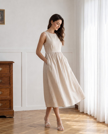 Natural Linen Midi Dress, Sleeveless Round Neck A Line Dress with Pockets, Minimalist Summer and Vacation Dress