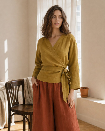 Natural Linen Wrap Top, Long Sleeve V Neck Side Tie Blouse, Minimalist Casual Top for Work and Vacation